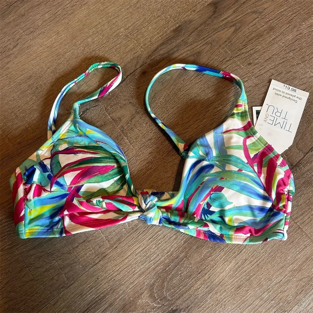 Time and Tru Bikini Swim Top Womens S Tropical Palm Print Knot Front